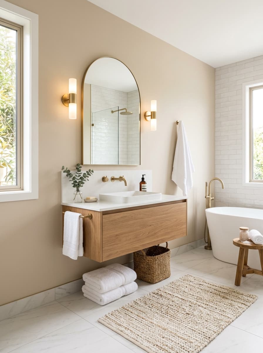 Modern bathroom staging design with premium neutral finishes and elegant styling