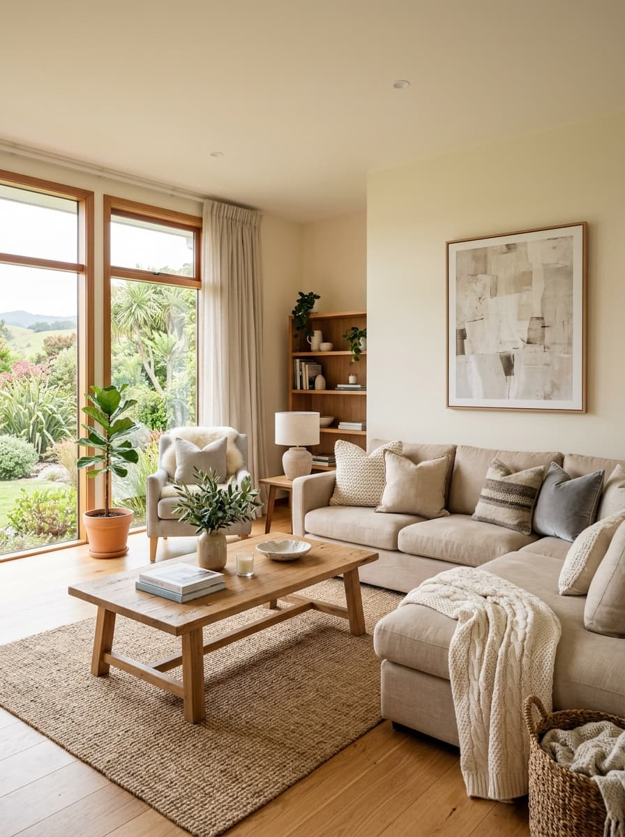 Warm family home living room staging with refined furniture and natural light