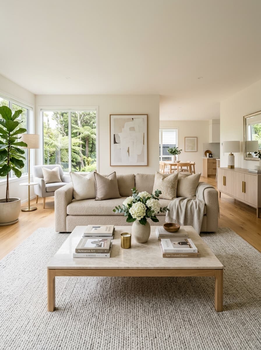Modern family living room staging with premium styling and clean finishes